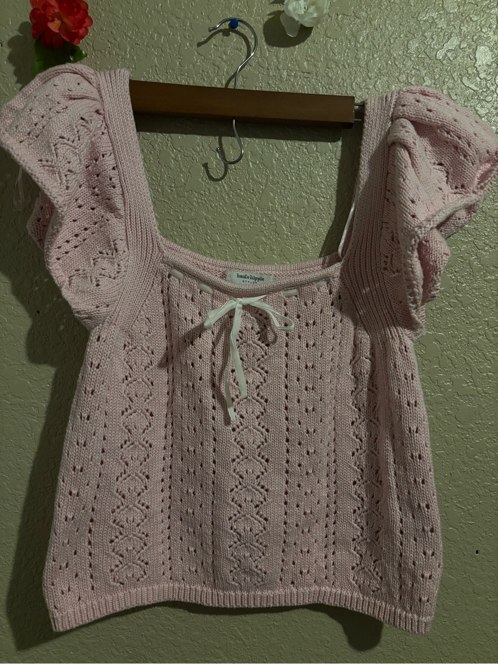 Haute Hippie Soft Pink Knit Flutter-Sleeve Crop Top